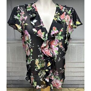Chaps Ruffle Button Up Black Pink Floral Sheer Short Sleeve Blouse Top V-Neck L
